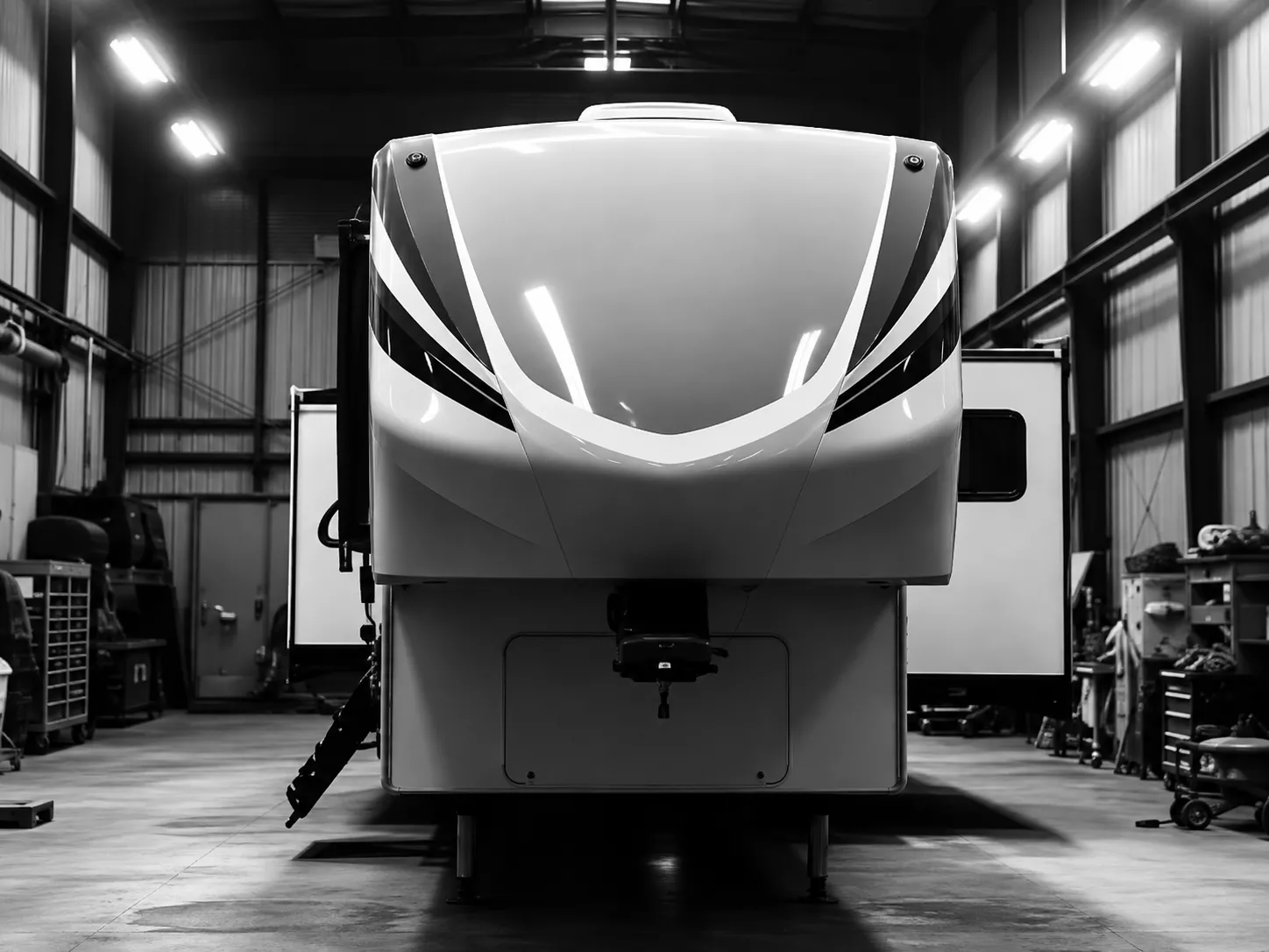 Front profile of 5th Wheel Toy Hauler undergoing front cap leak inspection and repair in service bay