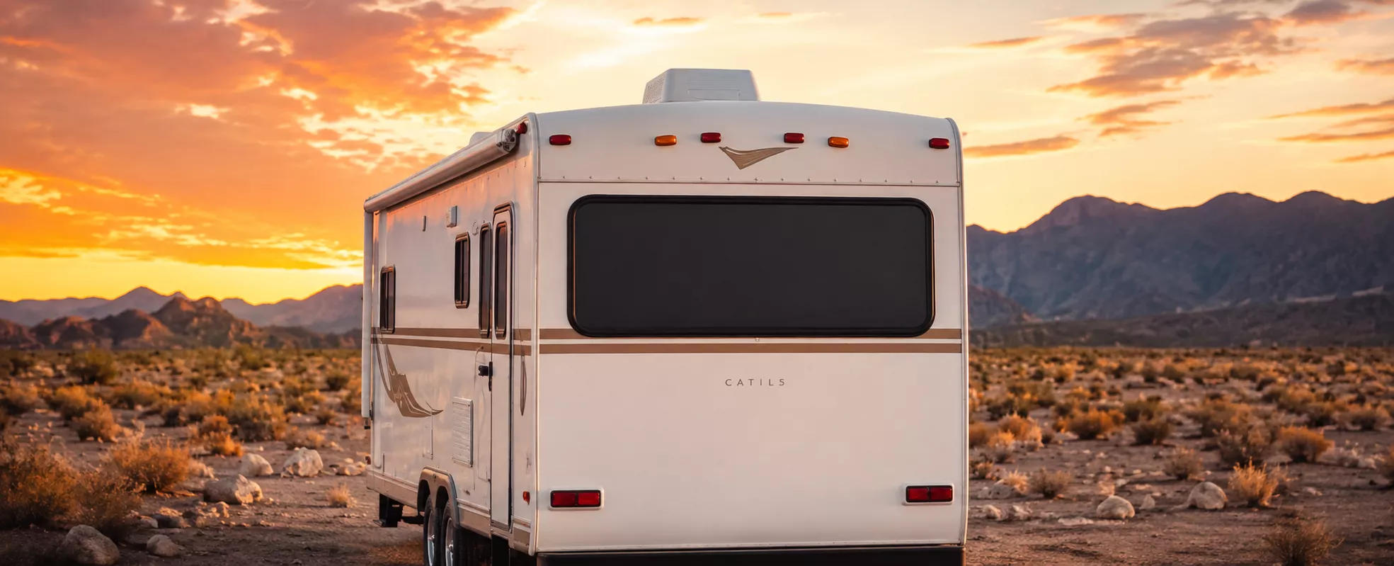 Front corner profile of 28ft travel trailer during surface prep and transition seam sealing