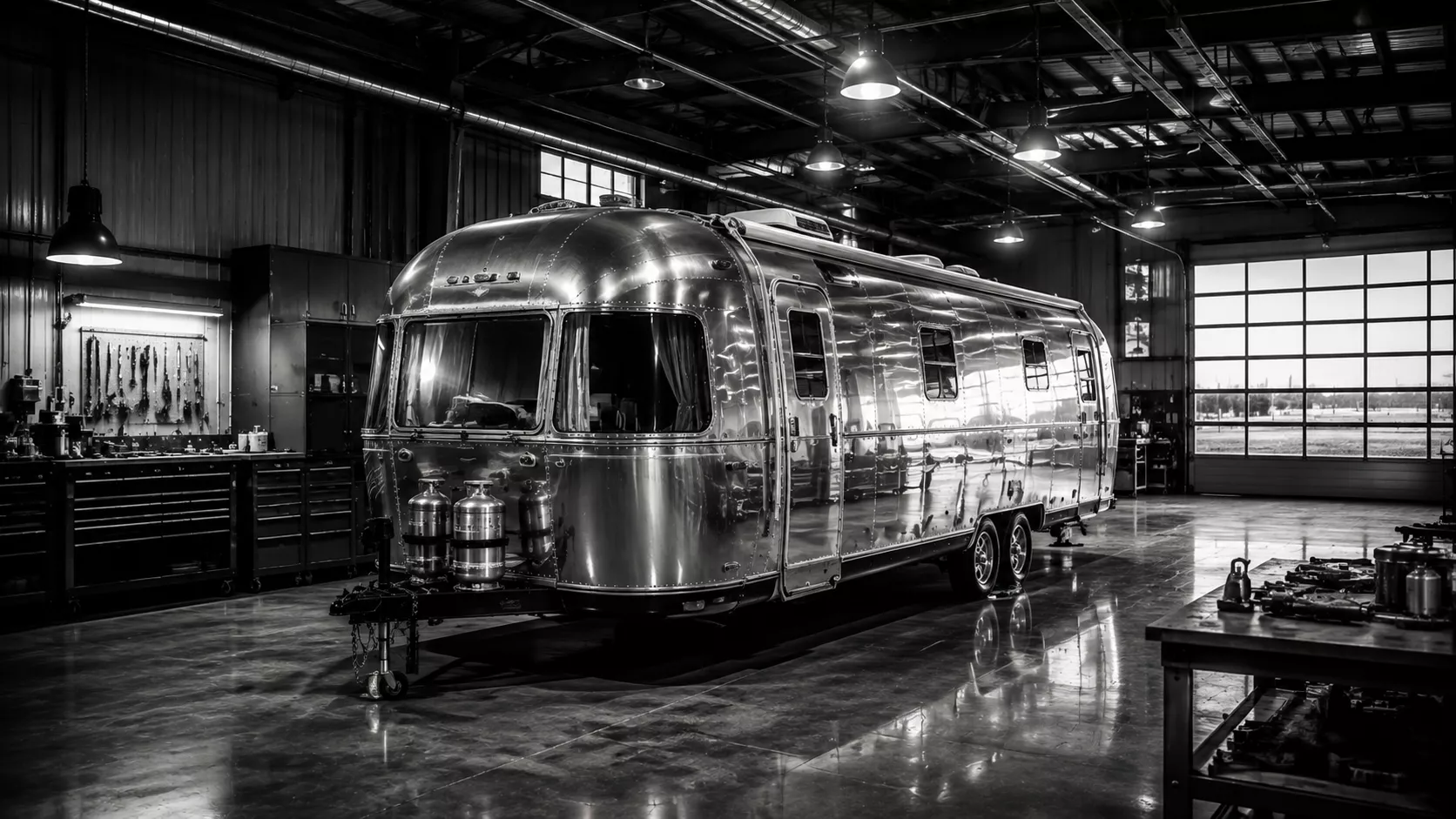 971 Vintage Airstream Sovereign with clear industrial waterproof coating preserving polished aluminum finish